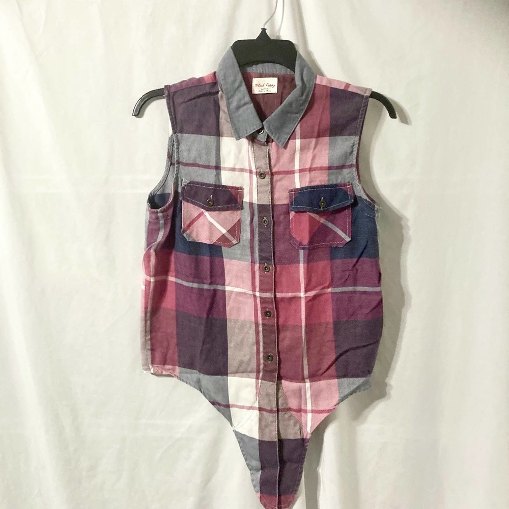 Black Poppy Women's Medium Plaid Button Down Tie Front Top - Picture 2 of 10